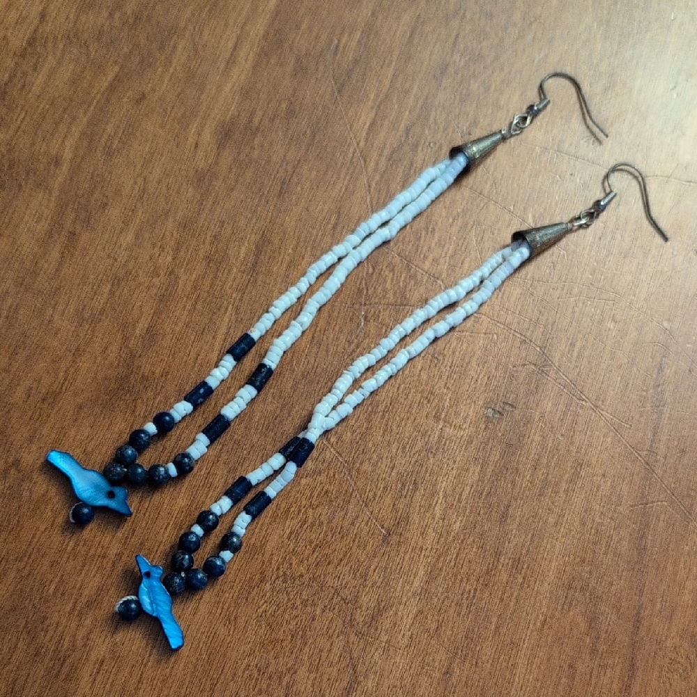 Blue and White Beaded Earrings